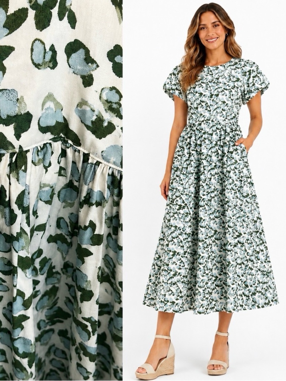 Crown & Ivy, society social /NWT Green Maxi Dress puffy sleeve tie back, Size 12 - Picture 1 of 16